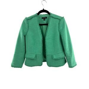 Ann Taylor Petite Green Tweed Fringe Open Front Jacket Blazer 2P